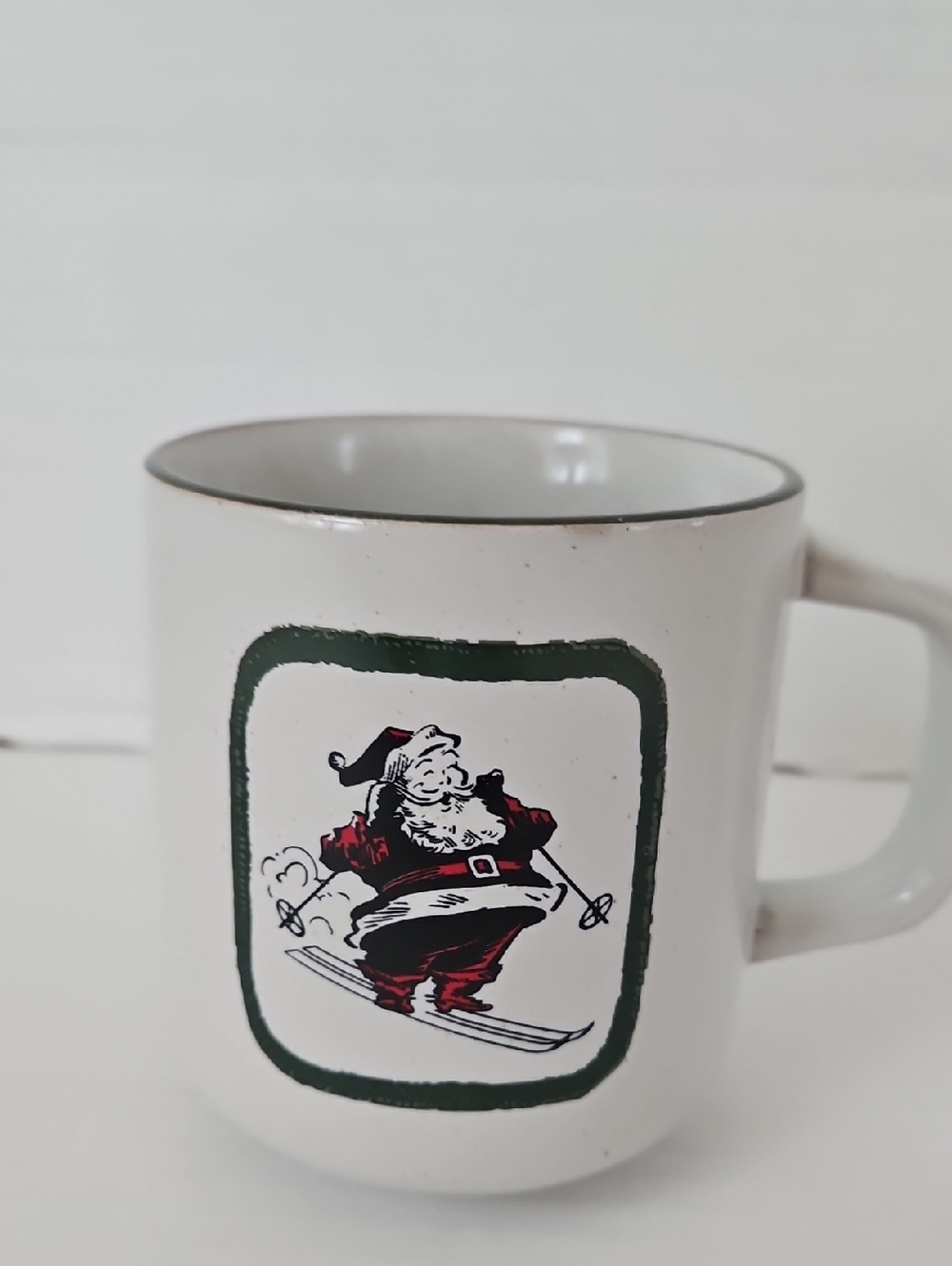 Hearth & Hand NWT Sour Cream Green Trim Skiing Santa Stoneware Mug